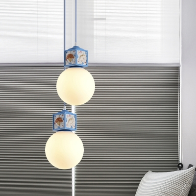Opaque Glass Globe Pendant Lamp Nordic 1 Bulb Sky/Light Blue Suspended Lighting Fixture with Conch Cubic Deco