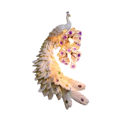 Peacock Resin Sconce Light Fixture Country 2-Light Corridor Right/Left Wall Lamp in White/Green/Gold with Crystal Bead Design