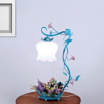 Petal Bedroom Night Lighting Traditional Cream Glass 1 Light White/Beige/Blue Finish Ceramic Table Lamp with Swirled Arm