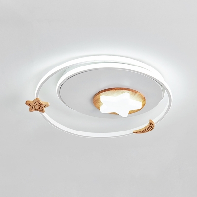 Round Flush Mount Lighting Kids Style Acrylic LED White Ceiling Fixture with Wood Star Deco