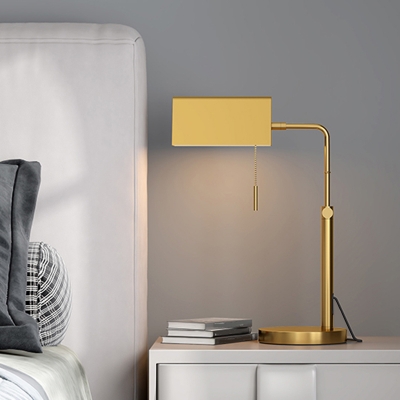 Simple Cuboid Nightstand Lighting Metallic 1 Head Bedside Desk Lamp with Pull Chain in Gold