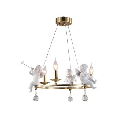 Simplicity Candelabra Chandelier Light Metal 3-Light Dining Room Pendant Lamp in Gold with Angel Playing Trumpet Deco