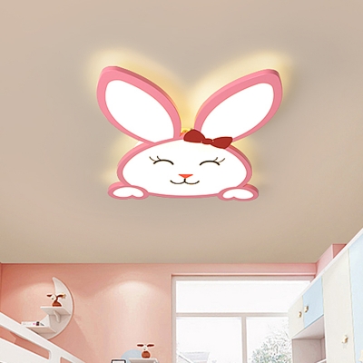 Smiling Rabbit Iron Surface Ceiling Lamp Cartoon Pink LED Flush Mount Recessed Lighting for Baby Room