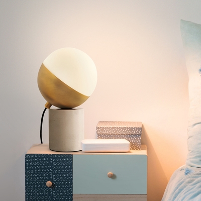 Stone Cylinder Task Light Modern Style 1-Head Gold Night Lamp with Spherical Opal Glass Shade