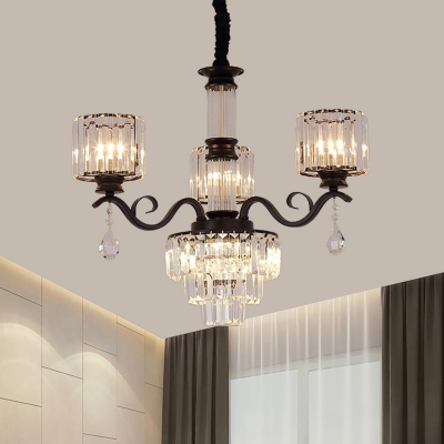 Tiered Tapered Crystal Chandelier Post-Modern 3 Lights Black/Gold Suspension Lamp with Cylinder Shade