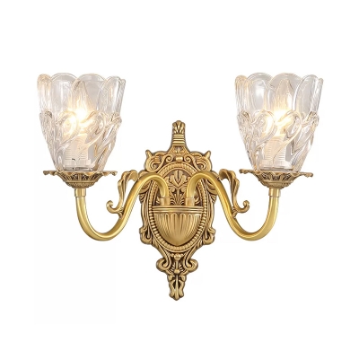 1/2 Heads Wall Lighting Ideas Traditional Bedroom Curvy Sconce Light with Domed Clear Glass Shade in Brass