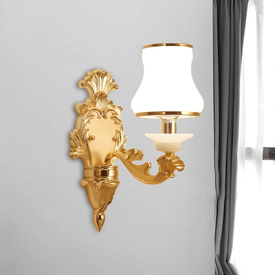1/2-Light Opal Glass Wall Light Fixture Countryside Yellow Urn Bedside Wall Mount Lamp with Carved Backplate