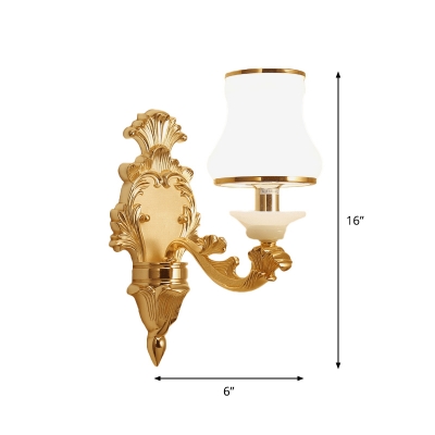 1/2-Light Opal Glass Wall Light Fixture Countryside Yellow Urn Bedside Wall Mount Lamp with Carved Backplate