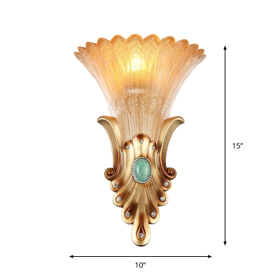1-Bulb Flush Mount Wall Sconce Rural Scalloped Frosted Glass Wall Lighting in Gold with Resin Peacock Tail Pattern