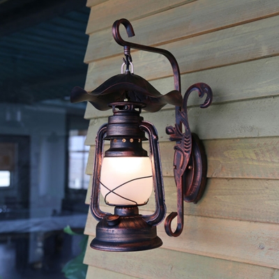 1-Head Frosted Glass Wall Mount Lighting Industrial Weathered Copper Kerosene Corridor Wall Lamp