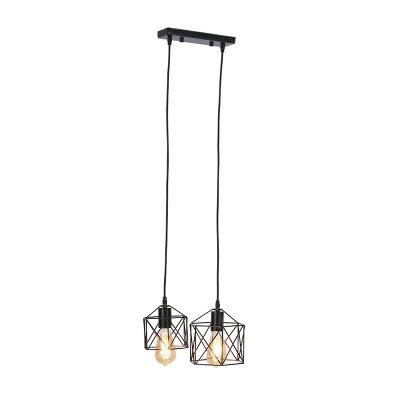 2-Bulb Hexagonal Cage Suspension Lamp Industrial Black Metal Cluster Pendant Light for Dining Room