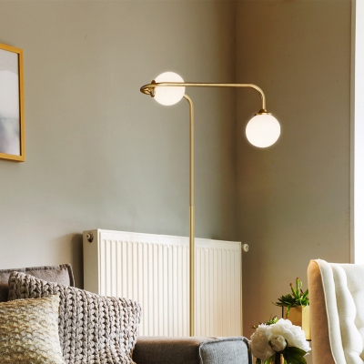 2 Heads Great Room Floor Lamp Modernist Brass Stand Up Light with Spherical Opal Glass Shade