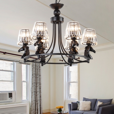 6-Light Dining Room Pendant Chandelier Simple Black Hanging Ceiling Light with Conic Crystal Shade