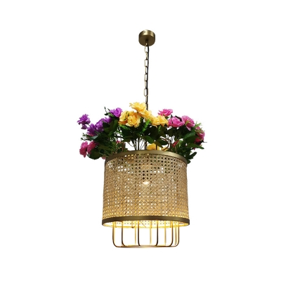 Bamboo Beige Pendant Light Kit Drum 1 Head Countryside Suspension Lighting with Blossom Deco