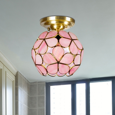 Baroque Blossom Semi Flush Light 1 Head White/Pink/Blue Glass Close to Ceiling Lamp in Brass for Corridor