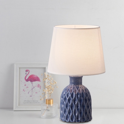 Barrel Fabric Desk Lighting Minimalist 1-Light Pink/Lemon Green/Royal Blue Nightstand Lamp with Bottle-Like Base