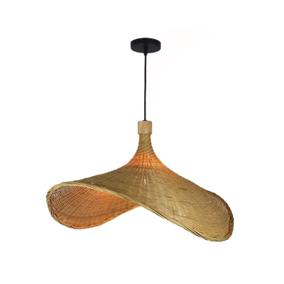 Beige Straw Hat Shape Hanging Lamp Kit Asian 1-Bulb Rattan Ceiling Pendant Light, 16