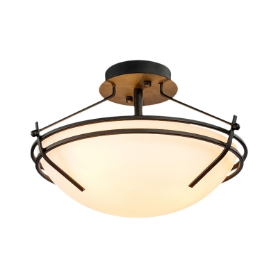 Black 3 Lights Semi Flush Light Country Frosted Glass Bowl Shaped Close to Ceiling Lighting with Metal Frame