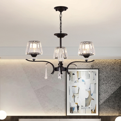 Black Cone Hanging Chandelier Modernism 3 Heads Clear Crystal Pendant Lamp for Bedroom