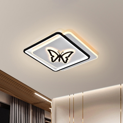 Black Round/Square Flush Ceiling Light Kids LED Acrylic Flushmount Lighting with Butterfly/Dolphin Pattern