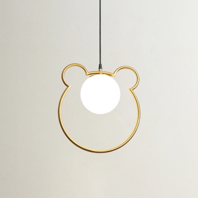 Cartoon Loving Heart/Bear Ceiling Light Metallic 1 Light Dining Room Pendant Lighting Fixture in Brass with Ball Cream Glass Shade
