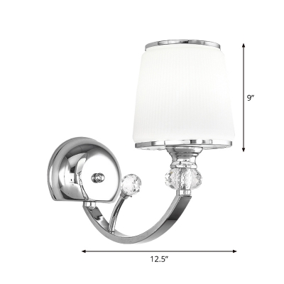 Chrome Curved Arm Wall Light Modern 1 Head Metal Wall Mounted Lamp with Cone Milk Glass Shade