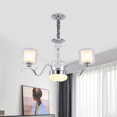 Clear and Milk Glass Dual Cylinder Chandelier Modernism 3 Bulbs Suspension Lighting in Chrome