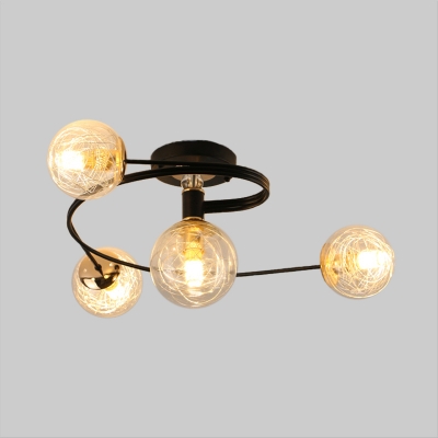 Clear Glass Ball Ceiling Lighting Contemporary 4 Bulbs Black Semi Flush Light with Swirling Arm