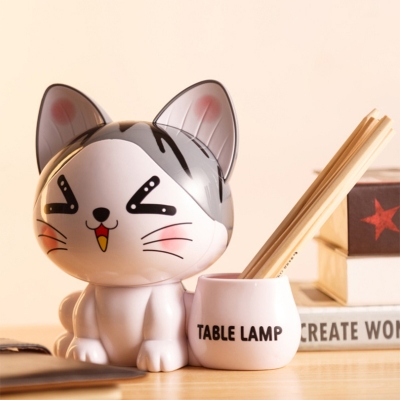 Comic Cat/Kitten/Husky Dog USB Table Lamp Cartoon ABS Black/White/Orange LED Nightstand Light with Pencil Holder and Money Bank