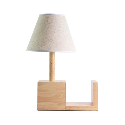 Conical Bedroom Night Lamp Fabric 1 Head Modernism Table Light with Cubic Base in Wood