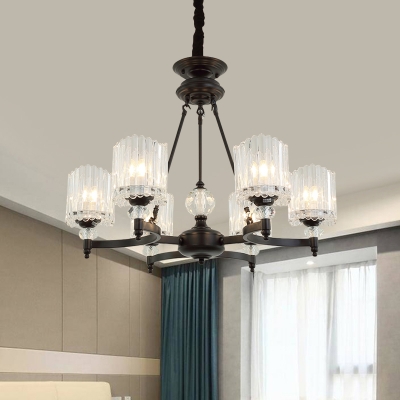Crystal Cylinder Pendant Lamp Modernity 6/8 Heads Chandelier Lighting Fixture in Black