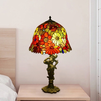 Cut Glass Bell/Bowl Night Table Lamp Baroque 3-Head Gold Pull Chain Nightstand Lighting with Resin Naked Woman Base