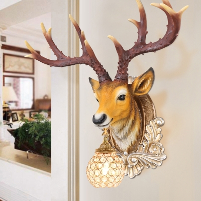 Deer Head Living Room Surface Wall Sconce Traditional Resin 1 Light Grey/Yellow Wall Light with Globe Crystal Embedded Shade