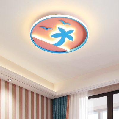 Disc Thin Flush Mount Ceiling Light Kids Metal Pink LED Flushmount with Palm Tree and Seagull Pattern