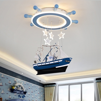 Draped Sailing Vessel Metal Flush Mount Kids Blue LED Ceiling Light Fixture with Glow Rudder Canopy