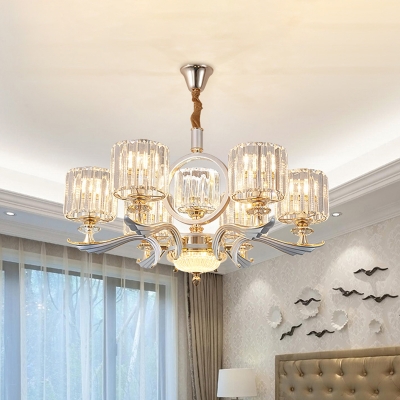 Drum Ceiling Hang Fixture Modernist Crystal Prisms 6 Lights Living Room Pendant Chandelier in Gold