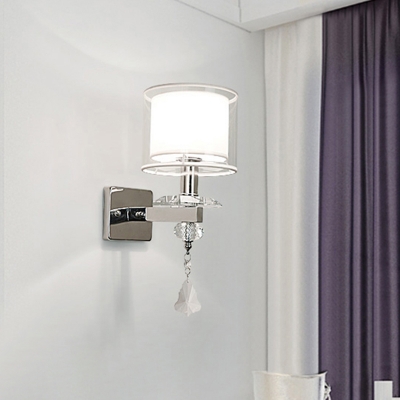 Dual Cylinder Wall Mounted Light Simple Clear and Opal Glass Single Head Chrome Wall Lighting with Crystal Droplet