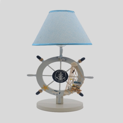 Fabric Barrel Table Light Mediterranean Single Bulb Blue Night Lamp with Wood Rudder Base