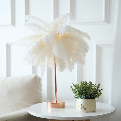Feather Coconut Palms Table Light Modern Romantic Pink/White Battery USB LED Nightstand Lamp