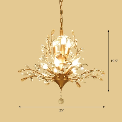 Gold Finish Leaves Suspension Light Rustic Beveled Crystal 8-Bulb 19.5