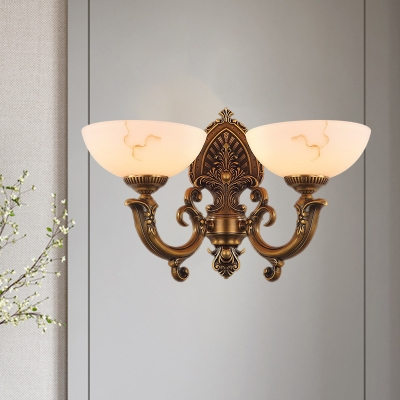 Metal Brass Wall Lighting Fixture Swirled Arm 2 Lights Traditional Sconce Light with Bowl Frosted Glass Shade
