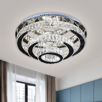 Minimalism LED Ceiling Fixture Black 3-Tier Round Semi Flush Mount with Clear Beveled Crystal Shade