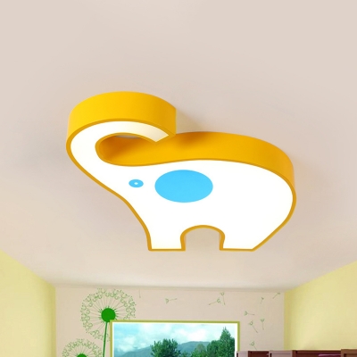 Modern Style Elephant Ceiling Light Acrylic LED Playroom Flush Mount Lamp Fixture in Pink/Yellow