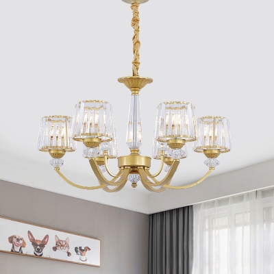 Modernism Cone Shade Chandelier Crystal 3/6 Bulbs Dining Room Ceiling Pendant in Gold with Swooping Arm
