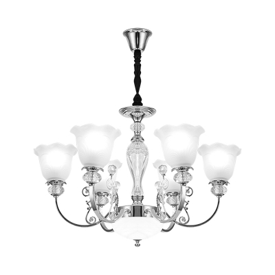 Modernist 6 Bulbs Pendant Lighting Chrome Flower Hanging Chandelier with White Glass Shade