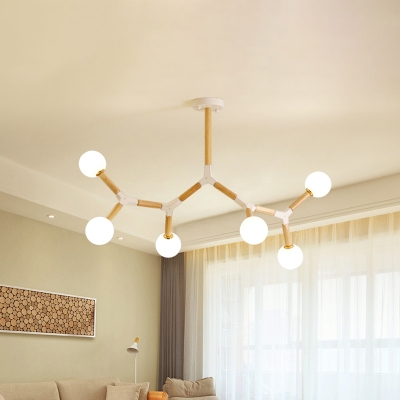 Molecular Wood Chandelier Lamp Novelty Modern 6-Bulb Beige Hanging Light with Ball Milk Glass Shade