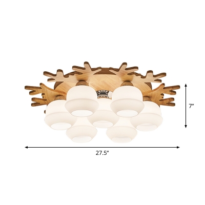 Nordic 5/7-Bulb Flush Mount Lamp Beige Globe Ceiling Light with White Glass Shade and Wood Antler Canopy