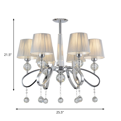 Pleated Fabric Cone Chandelier Modern 6-Light Chrome Suspended Lighting Fixture with Crystal Drop