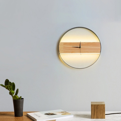Round/Rectangular Clock Design Sconce Asian Style Wooden Bedroom LED Wall Mounted Light in Beige