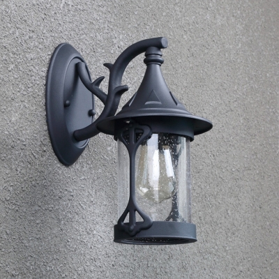 Seeded Glass Black/Antique Bronze Sconce Lantern 1 Head Countryside Wall Lighting Ideas with Swirled Arm for Outdoor